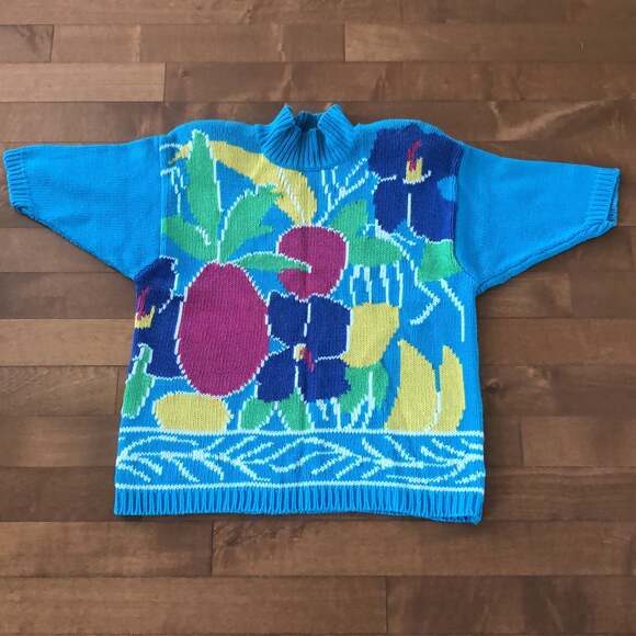 Lauren Hansen Vintage 80's Mom floral Sweater in blue, yellow, green size large - Picture 3 of 11